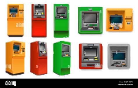 Yellow Red And Green Atm Machines Realistic Set From Different Sides