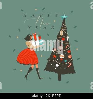 Cute Cartoon Decorated Christmas Fir Tree With Many Gifts And Present