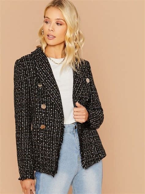 Shein Buttoned Front Raw Trim Tweed Blazer Fashion Tweed Blazer