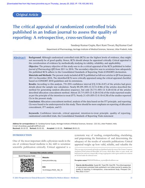 Pdf The Critical Appraisal Of Randomized Controlled Trials Published In An Indian Journal To