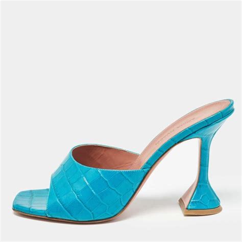 Amina Muaddi Teal Blue Croc Embossed Leather Lupita Slide Sandals Size