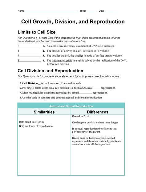 Cell Growth Division Reproduction Name Block Date Cell Growth