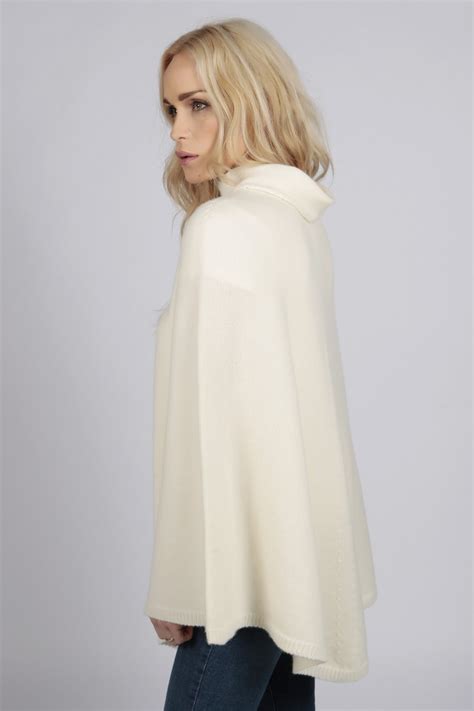 Cream White Pure Cashmere Roll Neck Poncho Cape Italyincashmere