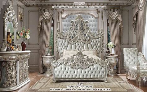 Luxury Silver King Size Bedroom Furniture Maharaja Bedroom Set Teak Carved Crown Bed