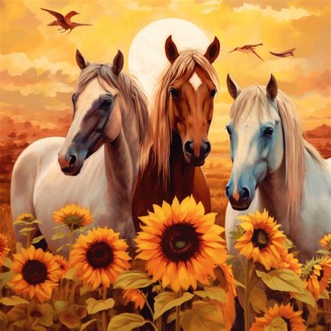 Premium Ai Image A Painting Of Three Horses In A Field Of Sunflowers