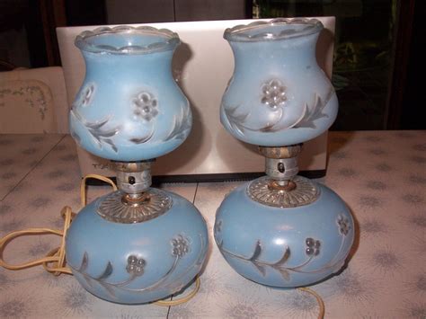 Pair Antique Powder Blue Platonite Glass Bedroom Lamps Victorian Boudoir Cottage Antique