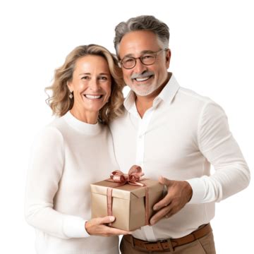 Mature Cheerful Couple Holding Present Gift Box Posing Against Christmas Tree Couple Home