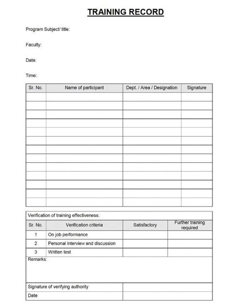 Sample Training Record Format Employee Training Log Template Example