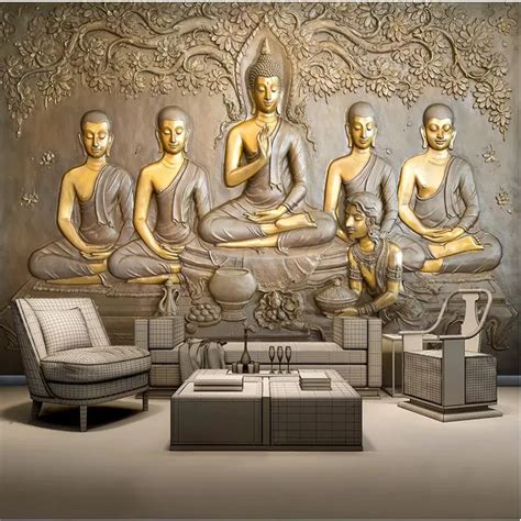 Custom Wall Paper 3d Embossed Golden Buddha Statue Gray Background Wall