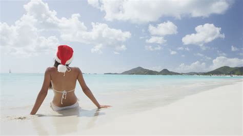 Christmas Beach Vacation Travel Woman Wearing Santa Hat And Bikini Enjoying Winter Holidays