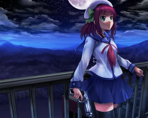 Angel Beats Green Eyes Gun Hat Jpeg Artifacts Moon Moonknives