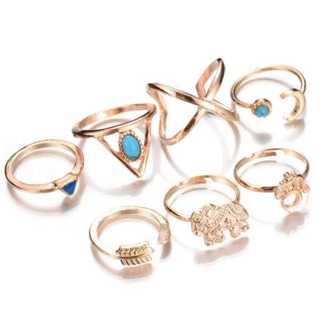 Fashion Women Jewelry Accessories 7 PCS Ring Set Elephant Triangle Gold ...