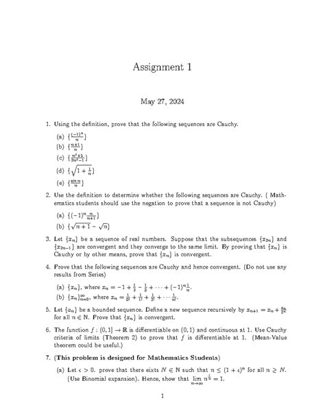 Assignment 1 A { − N1 N} B {n 1 N } C { 2 Nn 22 5− 1 } D { √ 1 N 1 } E {sinn N