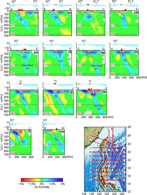 Vertical Cross‐sections Of Isotropic Vp Tomography Along 13 Profiles