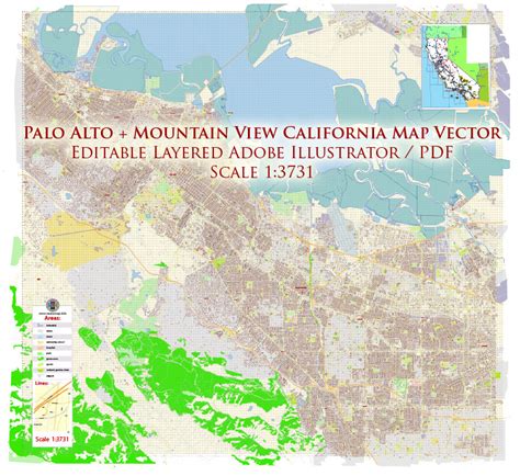 Palo Alto Mountain View California Us Pdf Map Vector Exact City Plan