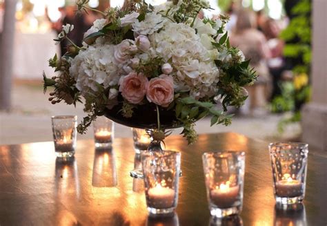 Light Pink Rose And White Hydrangea Wedding Centerpiece With Candles