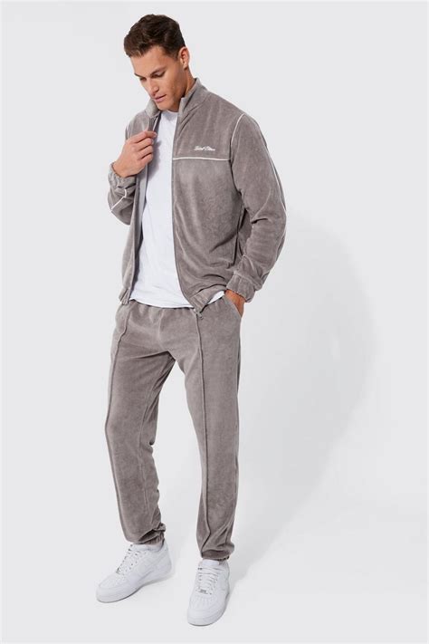 Mens Tall Funnel Neck Zip Through Velour Tracksuit Boohoo Uk