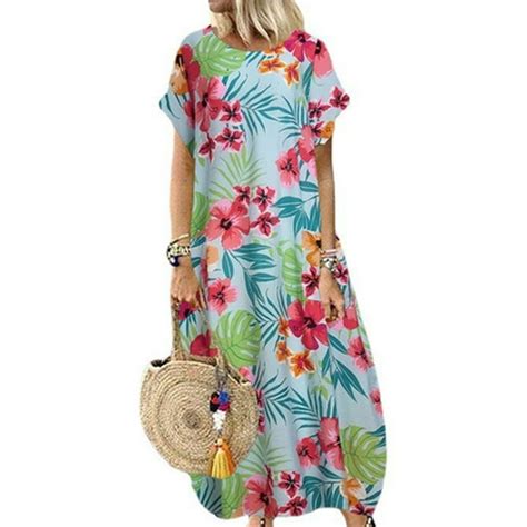 Niuer Ladies Loose Crew Neck Maxi Dresses Women Hawaiian Summer Beach