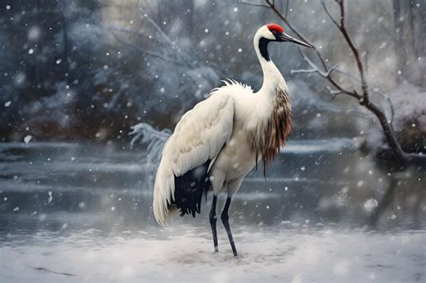 Premium Ai Image Redcrowned Crane In Snow
