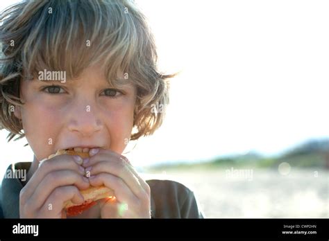 Boy Eating Sandwich Outdoors Portrait Stock Photo Alamy