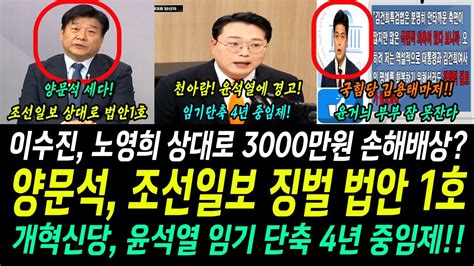 양문석 조선일보 징벌 법안 1호개혁신당 윤석열 임기 단축 4년 중임제 제시이수진 노영희 상대로 3000만원을