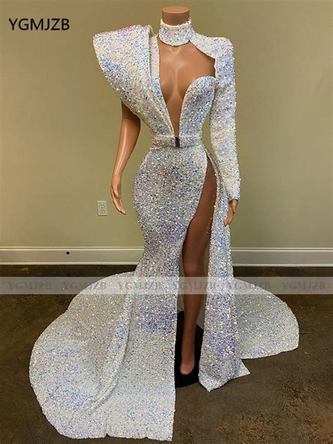 Sparkly Sequin White Mermaid Prom Dresses 2020 High Neck Single Long