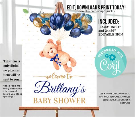 Editable Teddy Bear Baby Shower Welcome Sign Bear Themed Baby Etsy