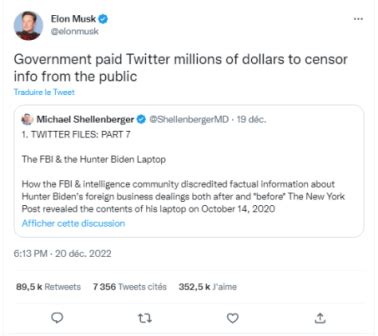 Elon Musk affirme que Twitter avait travaillé pour le FBI et a reçu 3