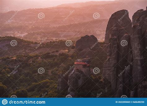 Aerial Drone View of Monastery in Meteora, Greece Golden Hour Sunset ...