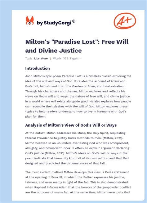 Milton S Paradise Lost Free Will And Divine Justice Free Essay Example