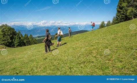 Walking Walkers Admire The Dolomite Mountains Landscape South Tyrol