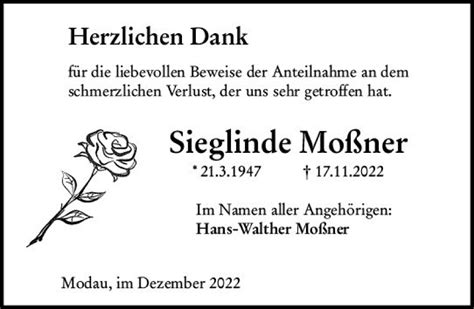 Traueranzeigen von Sieglinde Moßner vrm trauer de