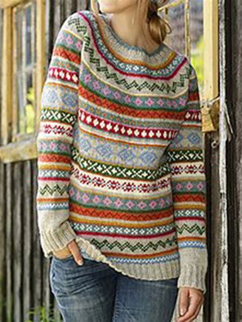 Multicolor Knitted Boho Knitted Sweaters Noracora Geometric Sweater