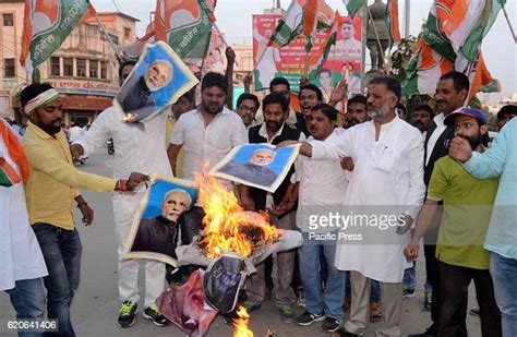 Congress Worker Burning An Effigy Of Indian Prime Minister Narendra