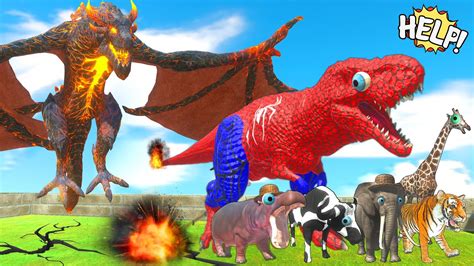 Spiderman T Rex Evolution Rescue Cow Elephant From Lava Dragon