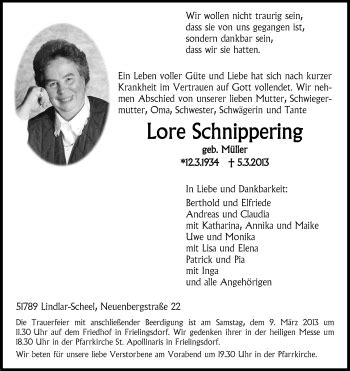 Traueranzeigen Von Lore Schnippering Wirtrauern