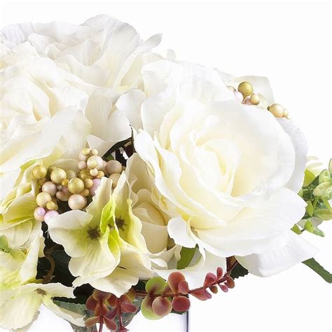 Enova Home Artificial Mixed Fake Roses And Hydrangea Silk Flowers Arrangement In Clear Glass