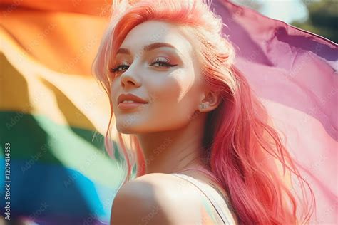 Beautiful Lesbian Model With Pink Hair And A Rainbow Flag At Gay Pride Pride Month Coming Out