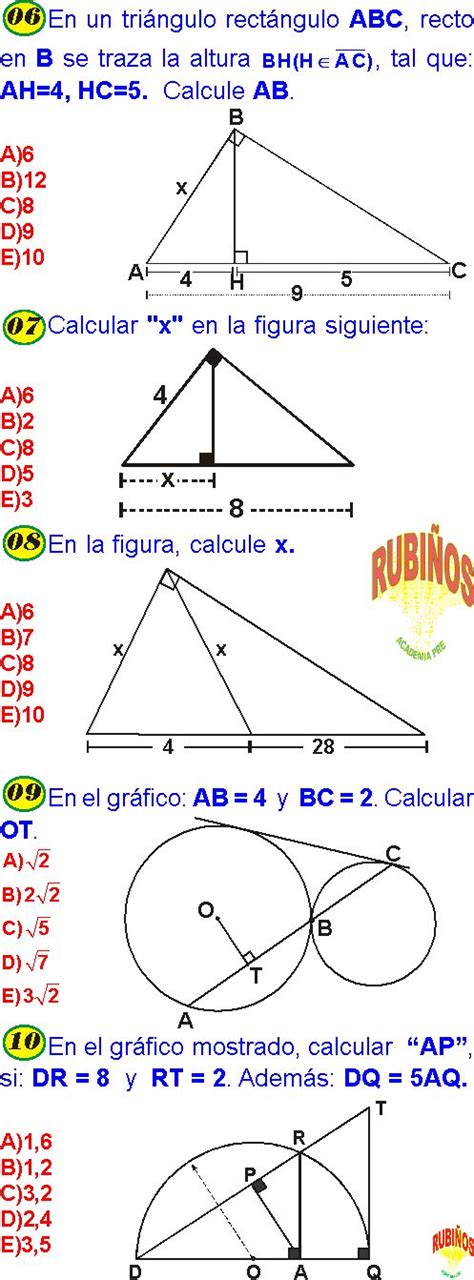 Relaciones MÉtricas En TriÁngulos RectÁngulos Ejercicios Con Claves Y Respuestas De Secundaria Y