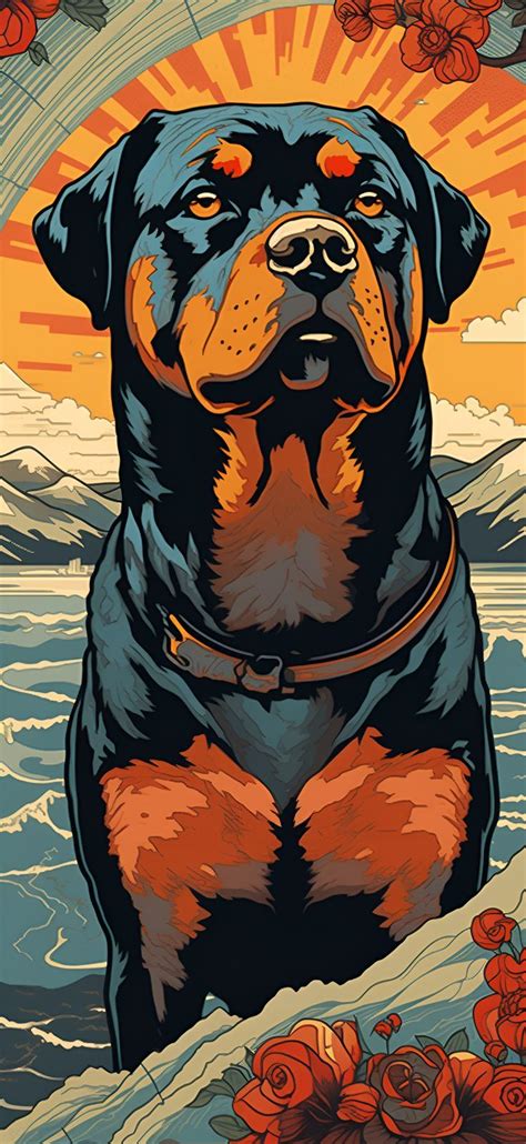 Rottweiler In Ukiyo E Style Posing With Mountains And Valley