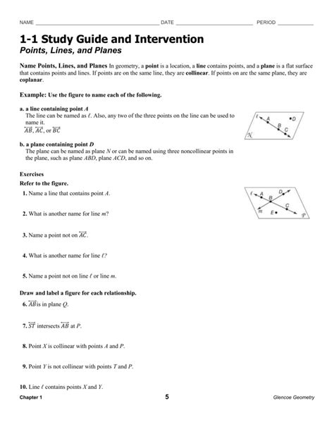 Points Lines And Planes Worksheet Answers Unit 1 Lesson 1