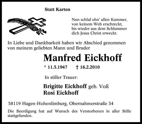 Traueranzeigen Von Manfred Eickhoff Trauer In Nrw De