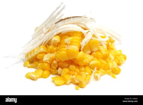 Corn With Sliced Coconut On White Background Stock Photo Alamy