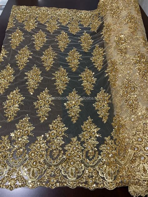 Luxury Heavy Gold Beaded Lace Fabric Shinning Machine Beaded Sequin