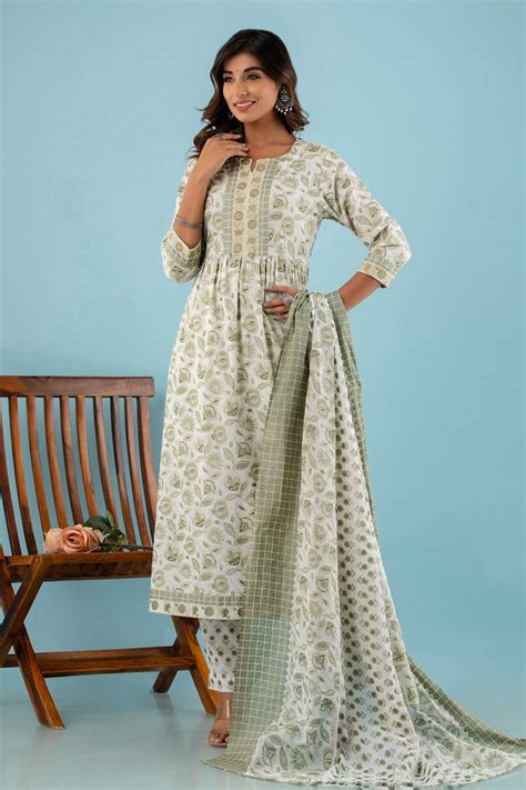 Buy White Cotton Print Poppy Floral Notched V Kurta Pant Set For Women