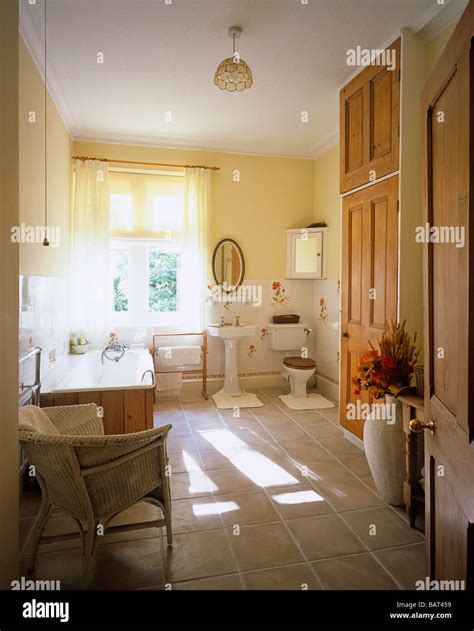 Interior Of Traditional English Bathroom Toilet Wc With Pine Furniture