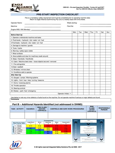 Fillable Online Ohs Pre Start Inspection Checklist Version Fax