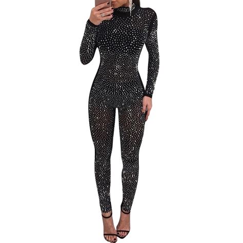 Sexy Mesh Jumpsuits Long Sleeve Women Rompers Sequin Overalls For Women Body Femme Fitness Black