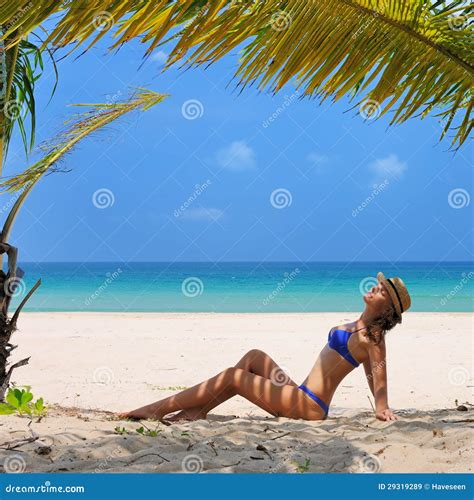 Woman At Beach Under Palm Tree Stock Image Image Of Relax Palm 29319289