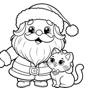 Coloriage de Père Noël et le chaton à imprimer PDF gratuit Lilocolors